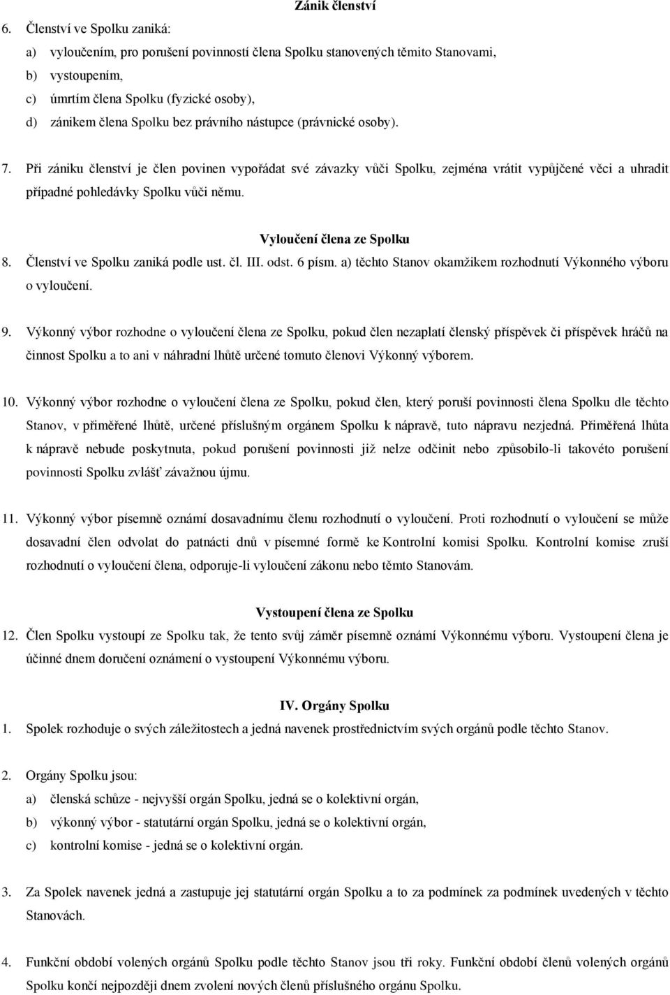 právního nástupce (právnické osoby). 7. Při zániku členství je člen povinen vypořádat své závazky vůči Spolku, zejména vrátit vypůjčené věci a uhradit případné pohledávky Spolku vůči němu.