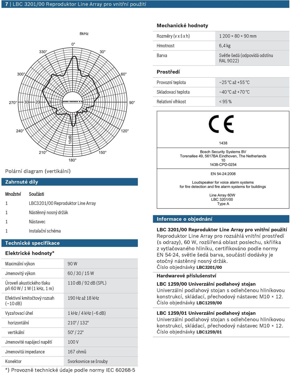 Technické specifikace Elektrické hodnoty* Maximální výkon Jmenovitý výkon Úroveň akustického tlaku při 60 W / 1 W (1 khz, 1 m) Efektivní kmitočtový rozsah ( 10 db) Vyzařovací úhel 90 W 60 / 30 / 15 W
