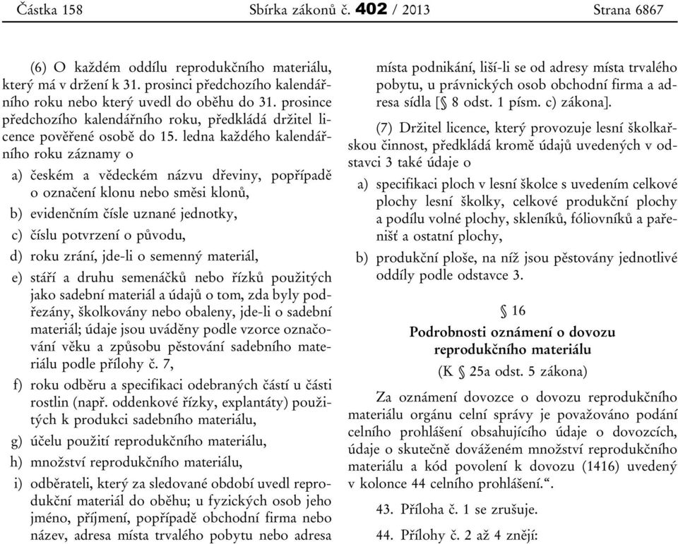 ledna každého kalendářního roku záznamy o a) českém a vědeckém názvu dřeviny, popřípadě o označení klonu nebo směsi klonů, b) evidenčním čísle uznané jednotky, c) číslu potvrzení o původu, d) roku