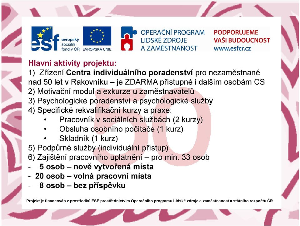 kurzy a praxe: Pracovník v sociálních službách (2 kurzy) Obsluha osobního počítače (1 kurz) Skladník (1 kurz) 5) Podpůrné služby