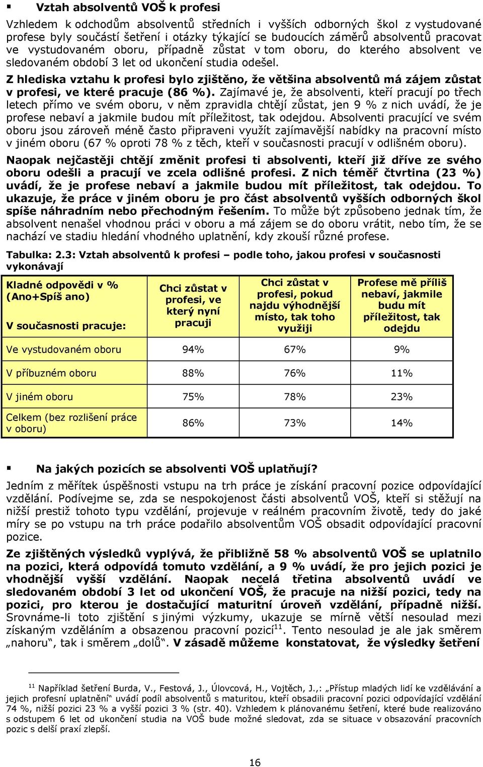 Z hlediska vztahu k profesi bylo zjištěno, že většina absolventů má zájem zůstat v profesi, ve které pracuje (86 %).