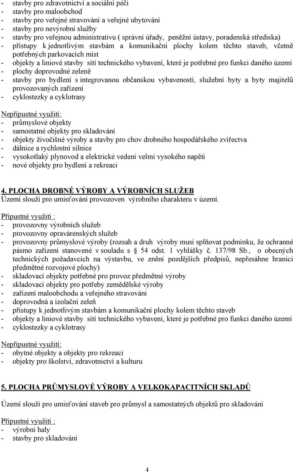 vybavení, které je potřebné pro funkci daného území - plochy doprovodné zeleně - stavby pro bydlení s integrovanou občanskou vybaveností, služební byty a byty majitelů provozovaných zařízení -