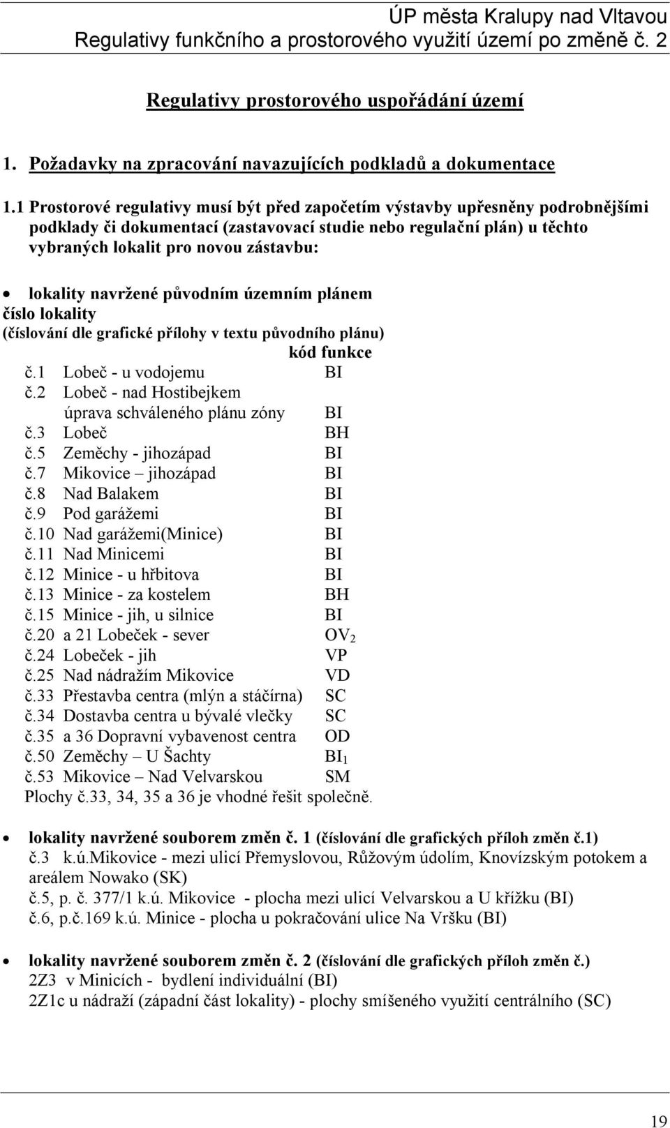 lokality navržené původním územním plánem číslo lokality (číslování dle grafické přílohy v textu původního plánu) kód funkce č.1 Lobeč - u vodojemu BI č.