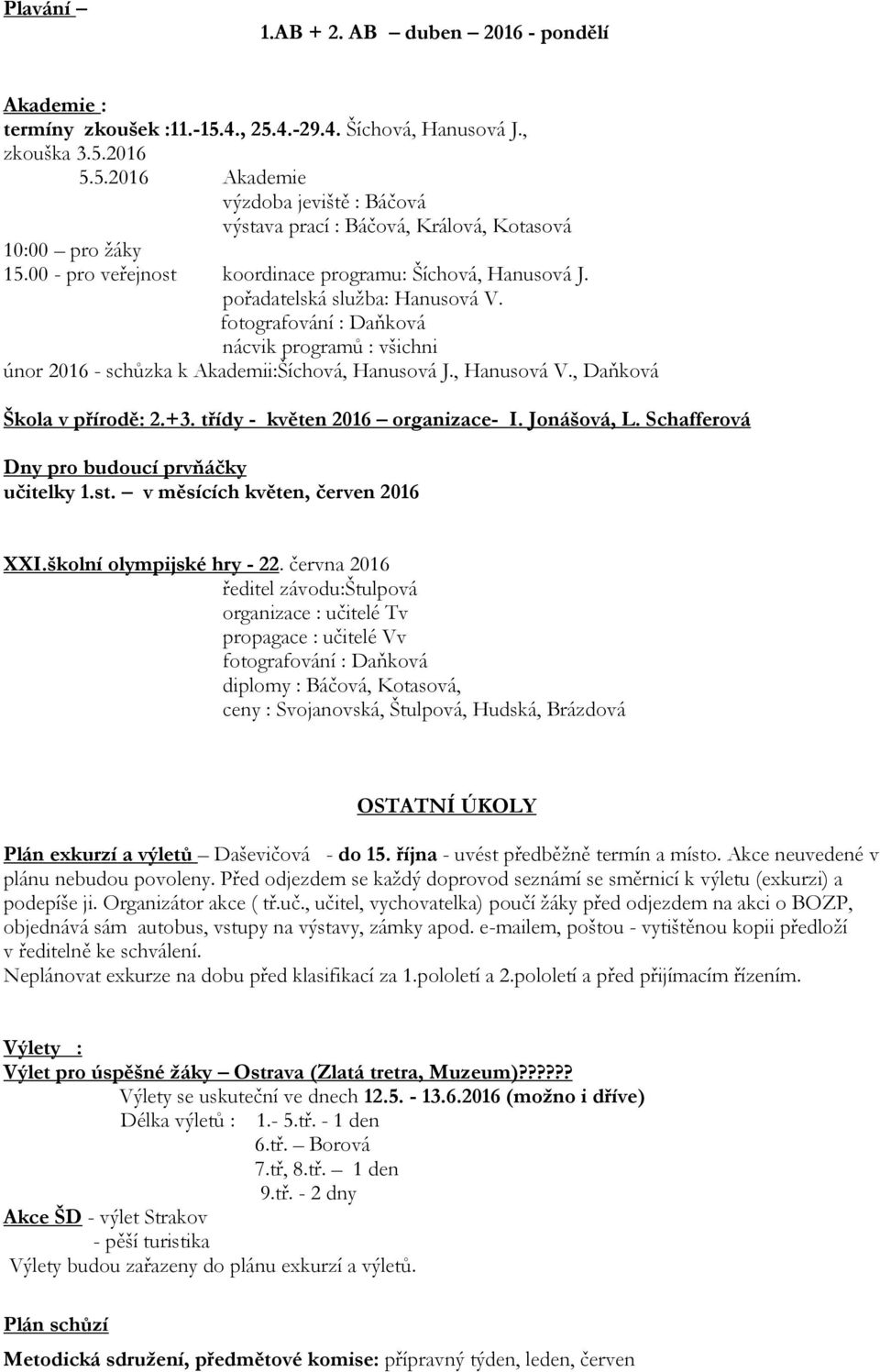 , Hanusová V., Daňková Škola v přírodě: 2.+3. třídy - květen 2016 organizace- I. Jonášová, L. Schafferová Dny pro budoucí prvňáčky učitelky 1.st. v měsících květen, červen 2016 XXI.