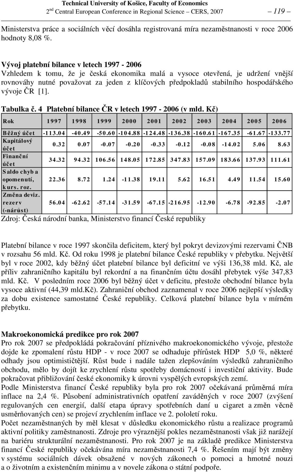 hospodářského vývoje ČR [1]. Tabulka č. 4 Platební bilance ČR v letech 1997-2006 (v mld. Kč) Rok 1 9 9 7 1 9 9 8 1 9 9 9 2 0 0 0 2 0 0 1 2 0 0 2 2 0 0 3 2 0 0 4 2 0 0 5 2 0 0 6 Běžný účet -1 1 3.