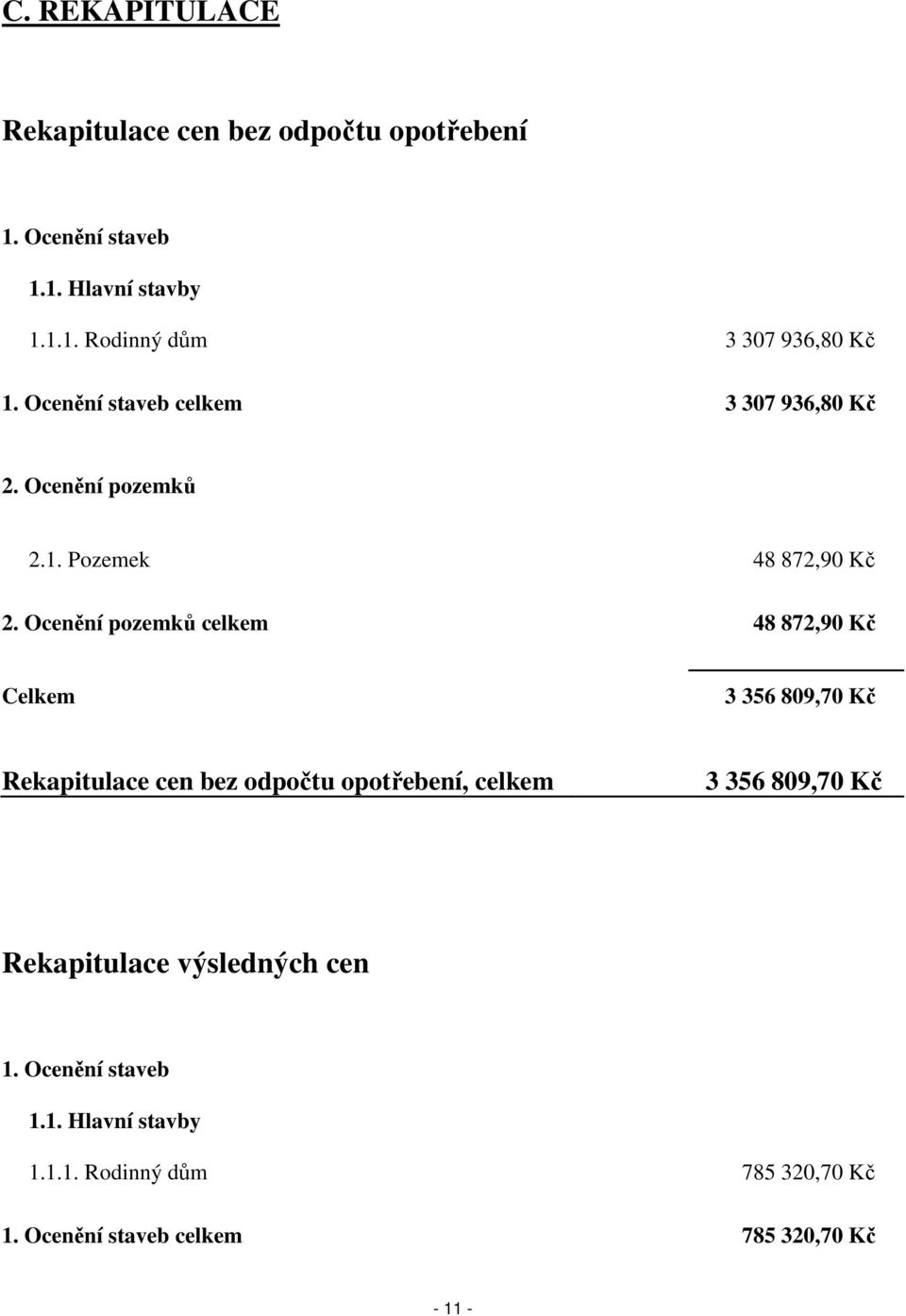 Ocenění pozemků celkem 48 872,90 Kč Celkem 3 356 809,70 Kč Rekapitulace cen bez odpočtu opotřebení, celkem 3 356 809,70