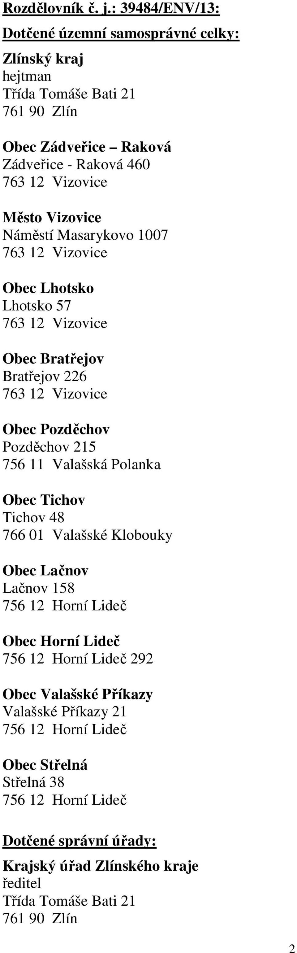 Vizovice Náměstí Masarykovo 1007 Obec Lhotsko Lhotsko 57 Obec Bratřejov Bratřejov 226 Obec Pozděchov Pozděchov 215 756 11