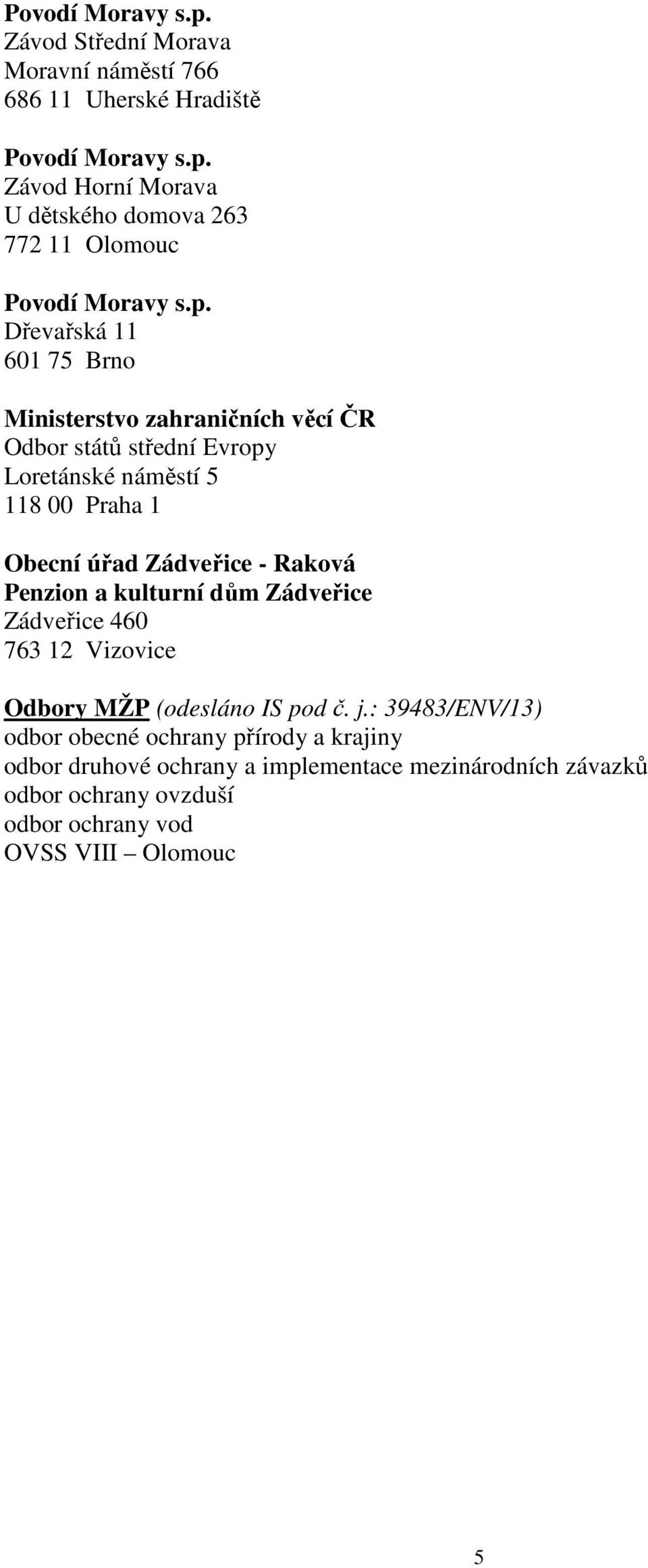 Zádveřice - Raková Penzion a kulturní dům Zádveřice Zádveřice 460 Odbory MŽP (odesláno IS pod č. j.