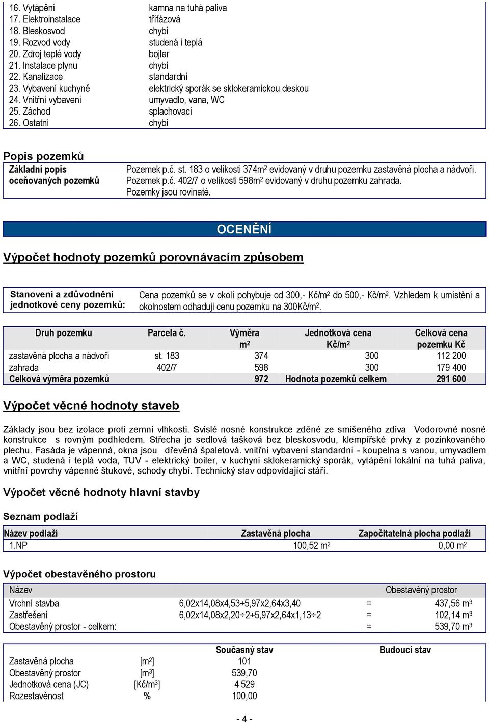 Ostatní chybí Popis pozemků Základní popis oceňovaných pozemků Pozemek p.č. st. 183 o velikosti 374m 2 evidovaný v druhu pozemku zastavěná plocha a nádvoří. Pozemek p.č. 402/7 o velikosti 598m 2 evidovaný v druhu pozemku zahrada.