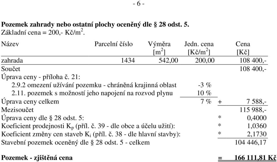 pozemek s možností jeho napojení na rozvod plynu 10 % Úprava ceny celkem 7 % + 7 588,- Mezisoučet 115 988,- Úprava ceny dle 28 odst. 5: * 0,4000 Koeficient prodejnosti K p (příl.