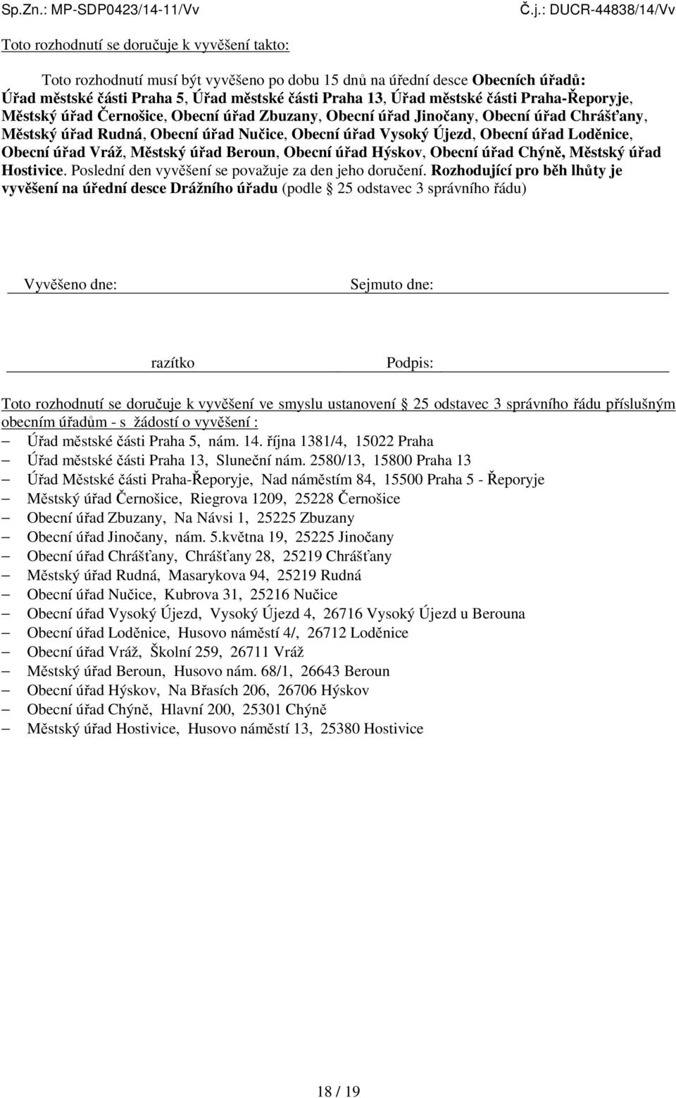 Obecní úřad Vráž, Městský úřad Beroun, Obecní úřad Hýskov, Obecní úřad Chýně, Městský úřad Hostivice. Poslední den vyvěšení se považuje za den jeho doručení.