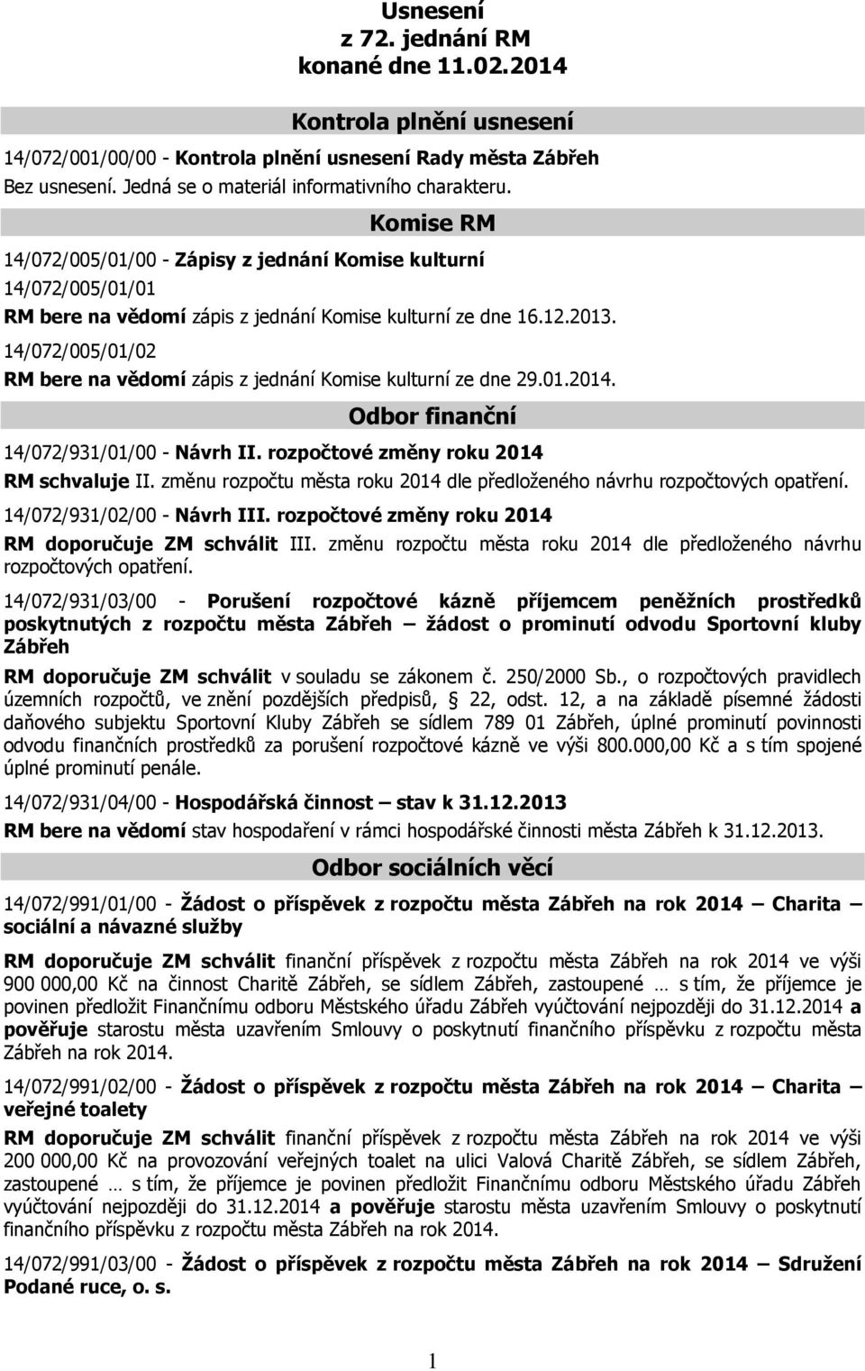 14/072/005/01/02 RM bere na vědomí zápis z jednání Komise kulturní ze dne 29.01.2014. Odbor finanční 14/072/931/01/00 - Návrh II. rozpočtové změny roku 2014 RM schvaluje II.