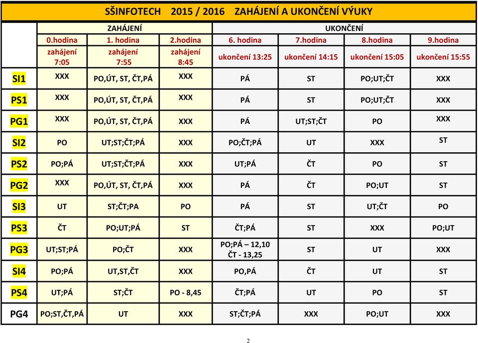 ST PO;UT;ČT XXX PG1 XXX PO,ÚT, ST, ČT,PÁ XXX PÁ UT;ST;ČT PO XXX SI2 PO UT;ST;ČT;PÁ XXX PO;ČT;PÁ UT XXX ST PS2 PO;PÁ UT;ST;ČT;PÁ XXX UT;PÁ ČT PO ST PG2 XXX PO,ÚT, ST, ČT,PÁ XXX PÁ ČT PO;UT