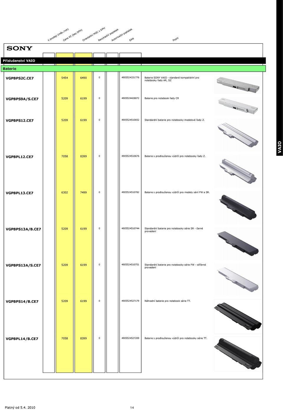 CE7 7058 8399 0 4905524510676 Baterie s prodlouženou výdrží pro notebooky řady Z. VGPBPL13.CE7 6302 7499 0 4905524510782 Baterie s prodlouženou výdrží pro modely sérií FW a SR. VGPBPS13A/B.