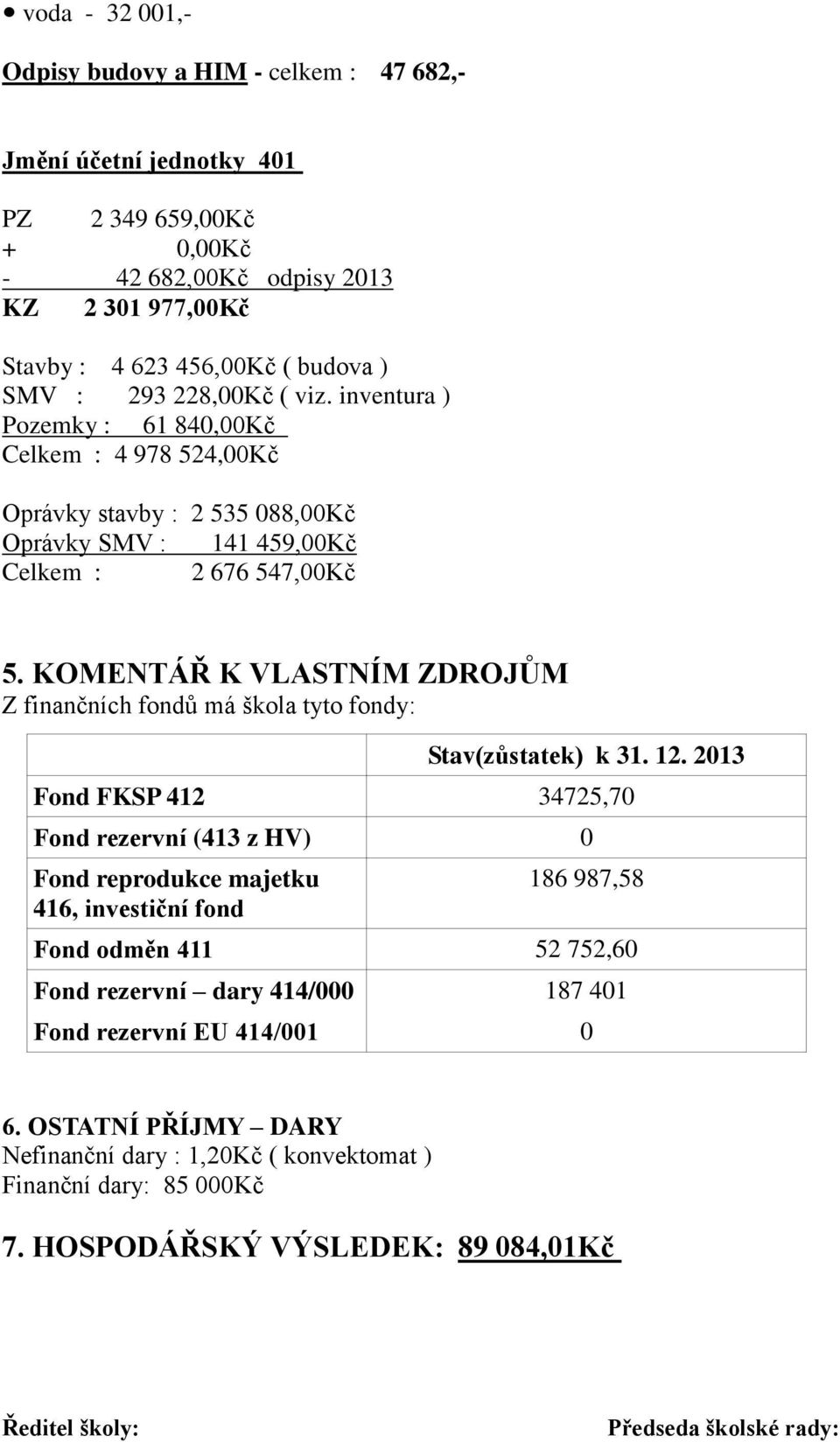 KOMENTÁŘ K VLASTNÍM ZDROJŮM Z finančních fondů má škola tyto fondy: Stav(zůstatek) k 31. 12.