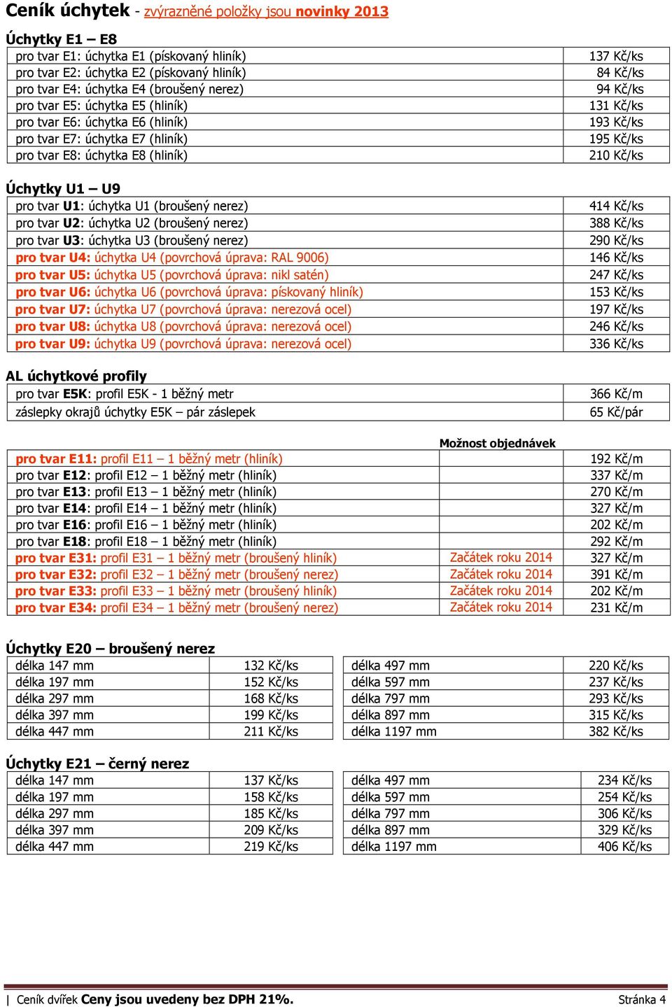 úchytka U2 (broušený nerez) pro tvar U3: úchytka U3 (broušený nerez) pro tvar U4: úchytka U4 (povrchová úprava: RAL 9006) pro tvar U5: úchytka U5 (povrchová úprava: nikl satén) pro tvar U6: úchytka