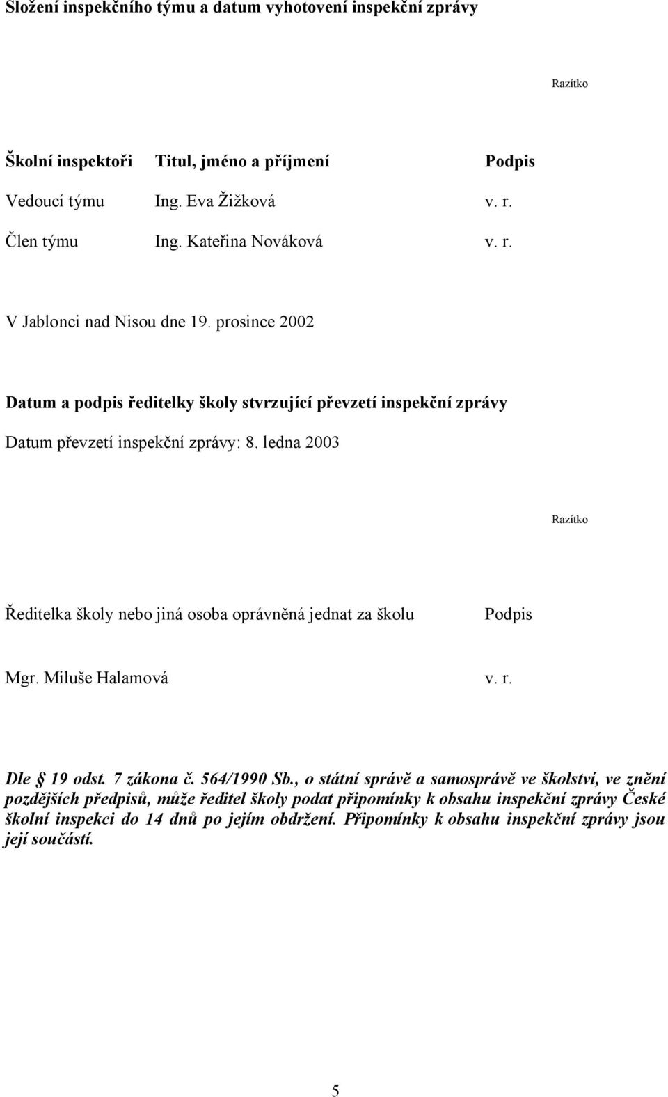 ledna 2003 Razítko Ředitelka školy nebo jiná osoba oprávněná jednat za školu Podpis Mgr. Miluše Halamová v. r. Dle 19 odst. 7 zákona č. 564/1990 Sb.