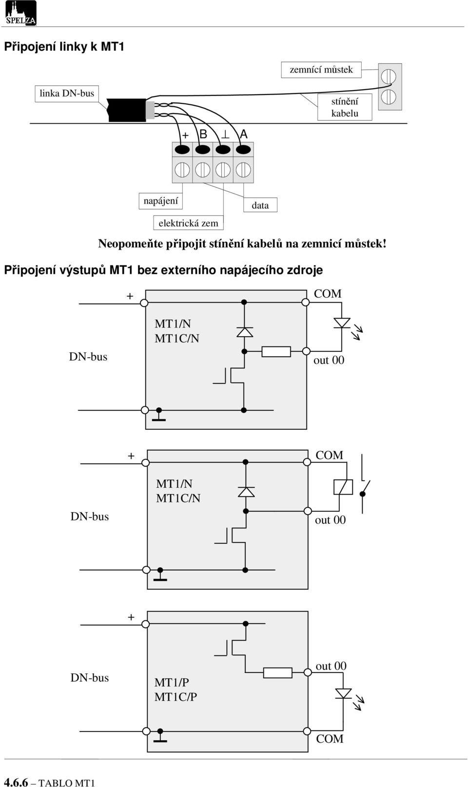 Připojení výstupů MT1 bez externího napájecího zdroje COM DN-bus MT1/N MT1C/N