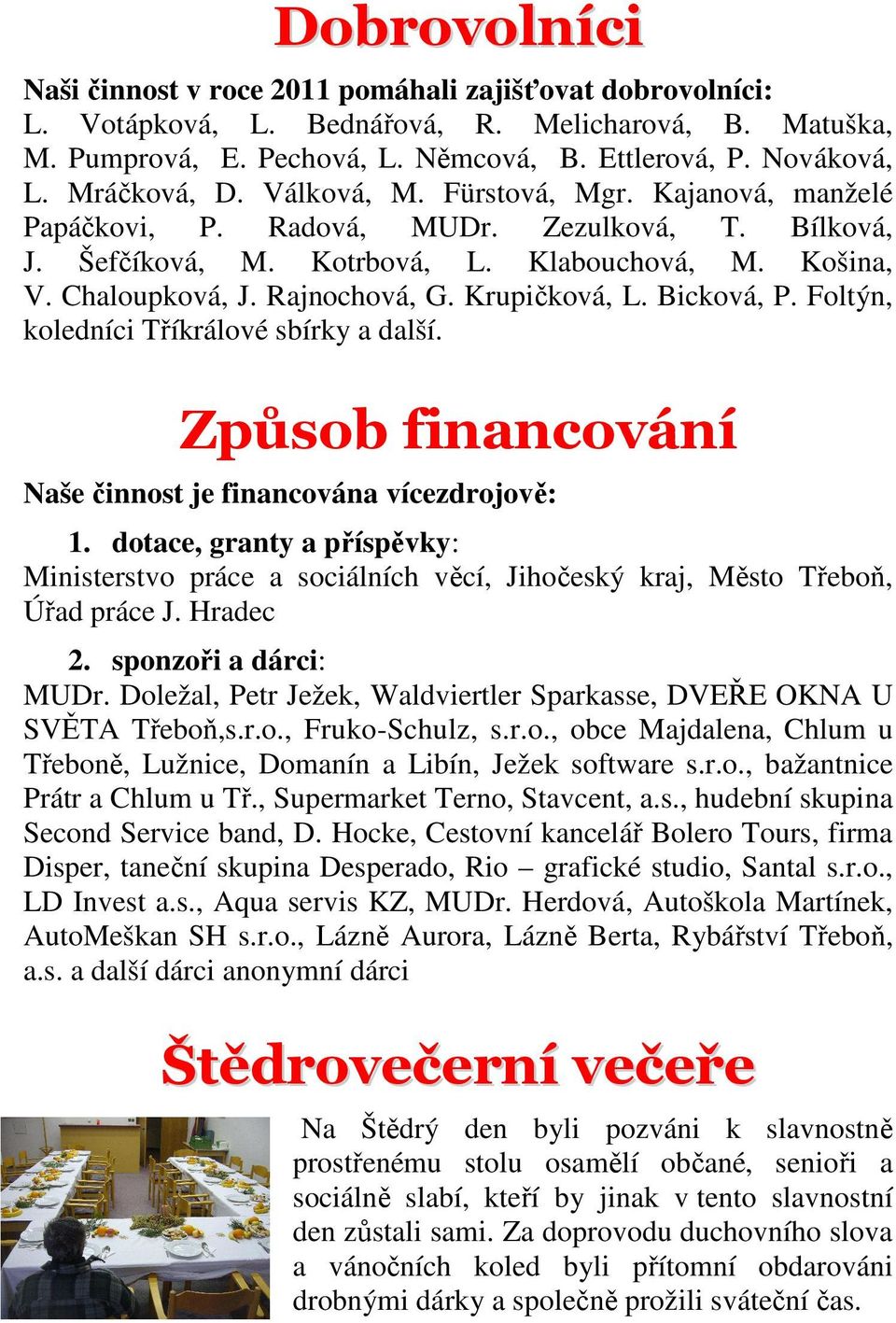 Krupičková, L. Bicková, P. Foltýn, koledníci Tříkrálové sbírky a další. Způsob financování Naše činnost je financována vícezdrojově: 1.