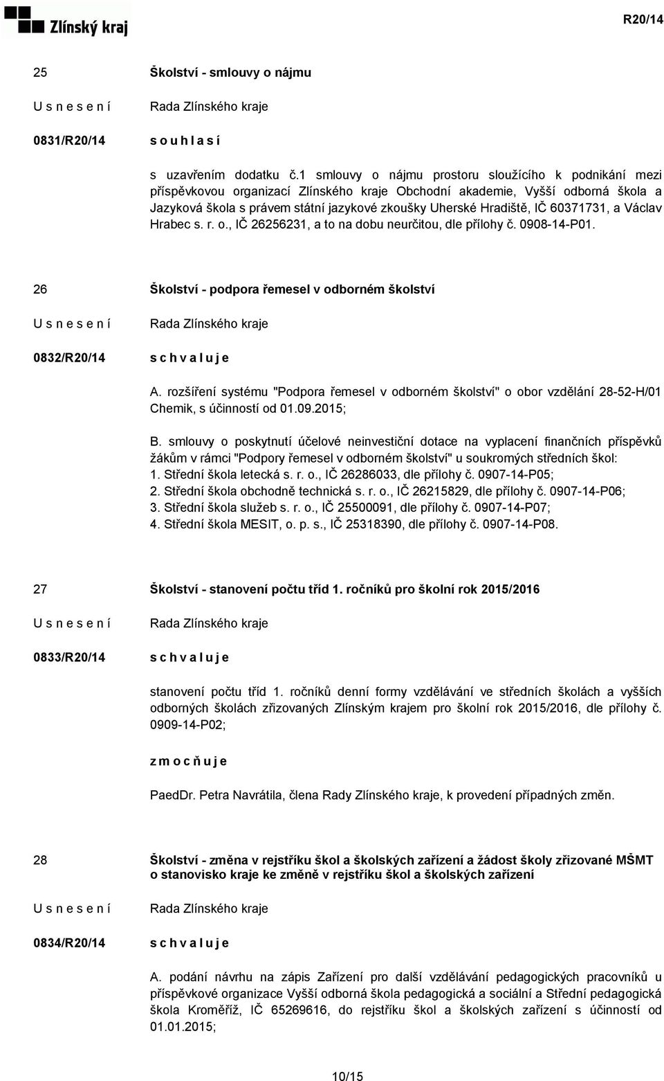 Hradiště, IČ 60371731, a Václav Hrabec s. r. o., IČ 26256231, a to na dobu neurčitou, dle přílohy č. 0908-14-P01. 26 Školství - podpora řemesel v odborném školství 0832/R20/14 A.