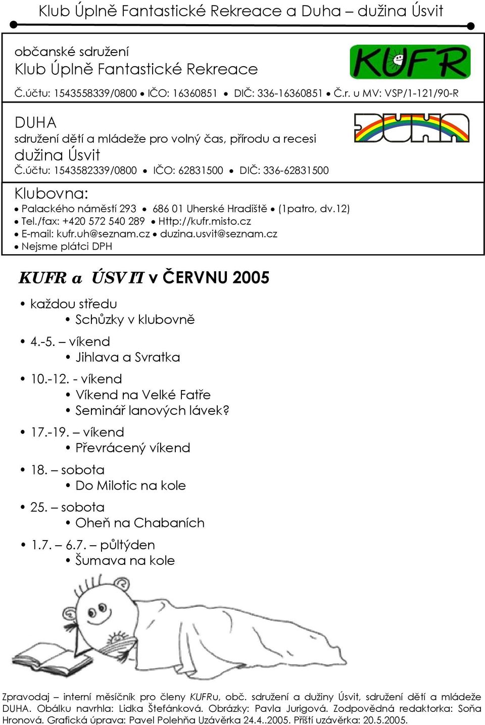 cz duzina.usvit@seznam.cz Nejsme plátci DPH KUFR a ÚSVIT v ČERVNU 2005 každou středu Schůzky v klubovně 4.-5. víkend Jihlava a Svratka 10.-12. - víkend Víkend na Velké Fatře Seminář lanových lávek?