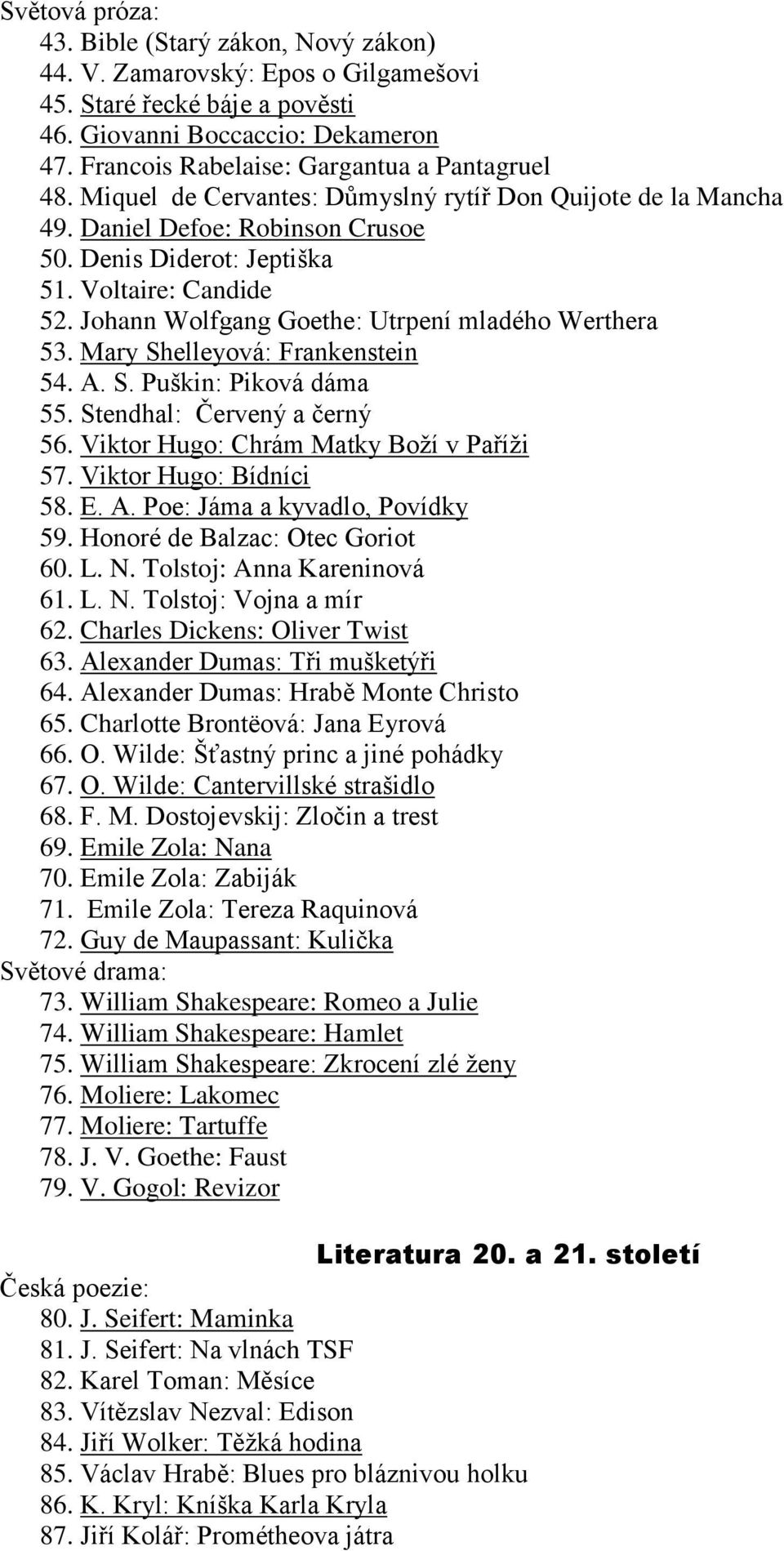 Johann Wolfgang Goethe: Utrpení mladého Werthera 53. Mary Shelleyová: Frankenstein 54. A. S. Puškin: Piková dáma 55. Stendhal: Červený a černý 56. Viktor Hugo: Chrám Matky Boží v Paříži 57.