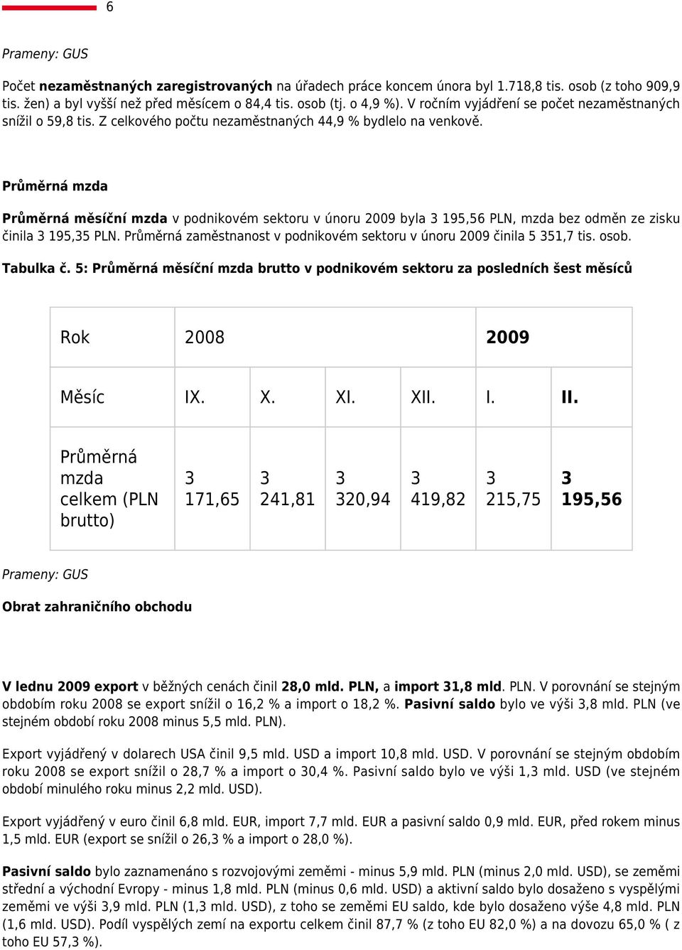 Průměrná mzda Průměrná měsíční mzda v podnikovém sektoru v únoru 2009 byla 3 95,56 PLN, mzda bez odměn ze zisku činila 3 95,35 PLN.