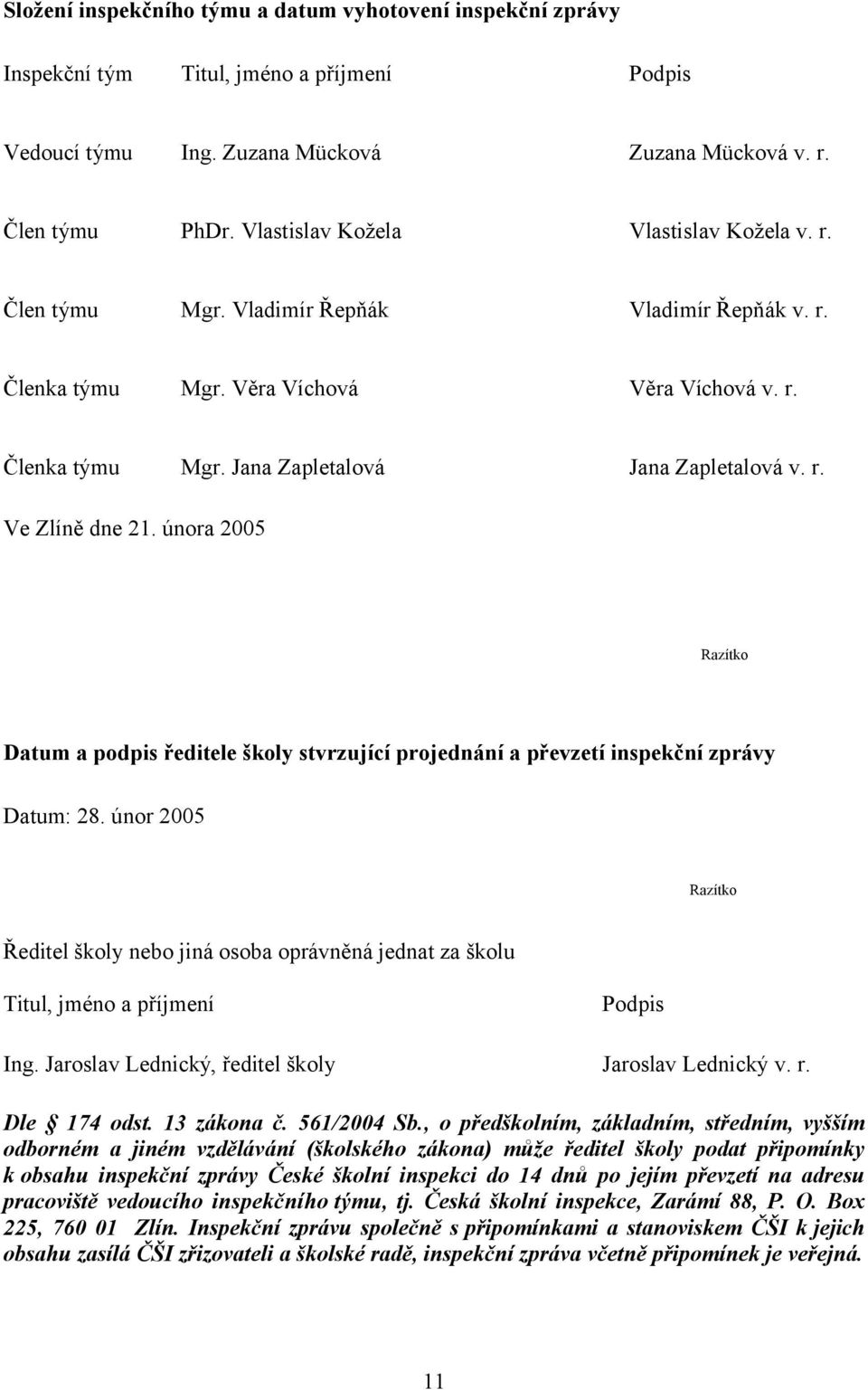 února 2005 Razítko Datum a podpis ředitele školy stvrzující projednání a převzetí inspekční zprávy Datum: 28.