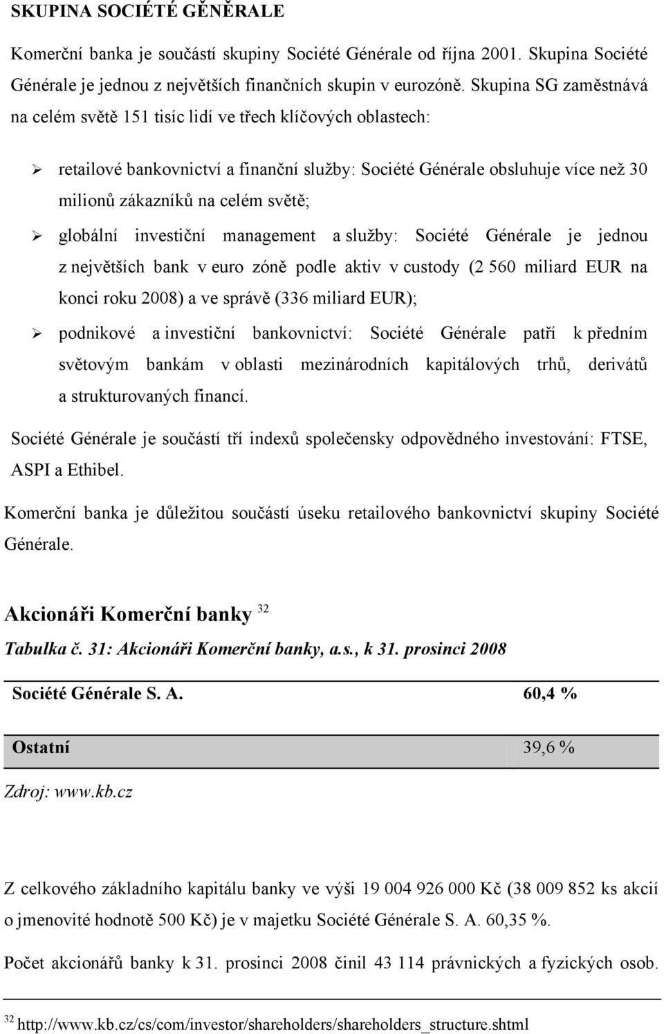 globální investiční management a služby: Société Générale je jednou z největších bank v euro zóně podle aktiv v custody (2 560 miliard EUR na konci roku 2008) a ve správě (336 miliard EUR); podnikové