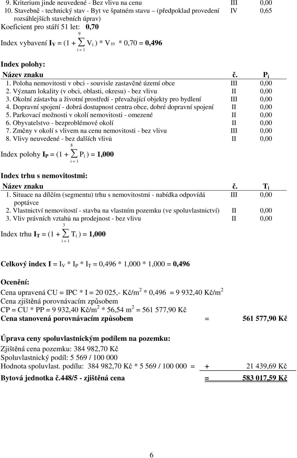 i = 1 Index polohy: Název znaku č. P i 1. Poloha nemovitosti v obci - souvisle zastavěné území obce III 0,00 2. Význam lokality (v obci, oblasti, okresu) - bez vlivu II 0,00 3.