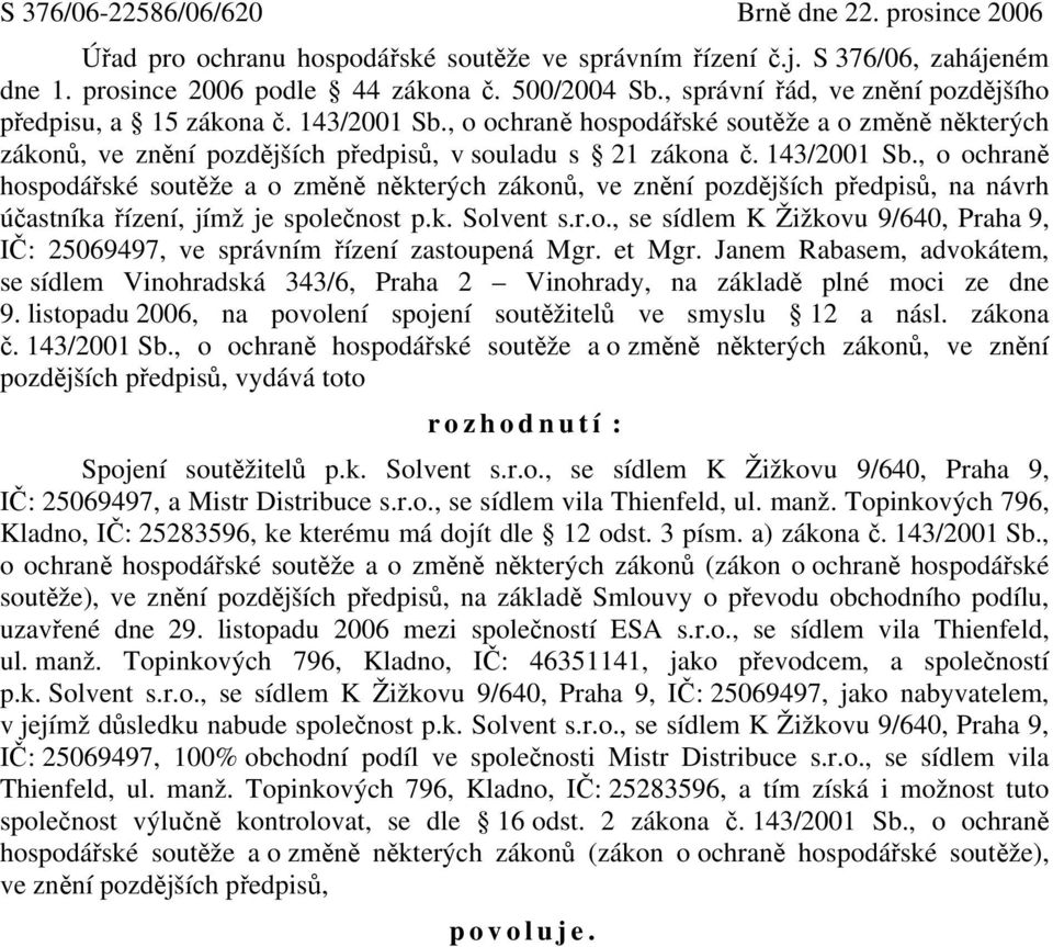 , o ochraně hospodářské soutěže a o změně některých zákonů, ve znění pozdějších předpisů, v souladu s 21 zákona č. 143/2001 Sb.