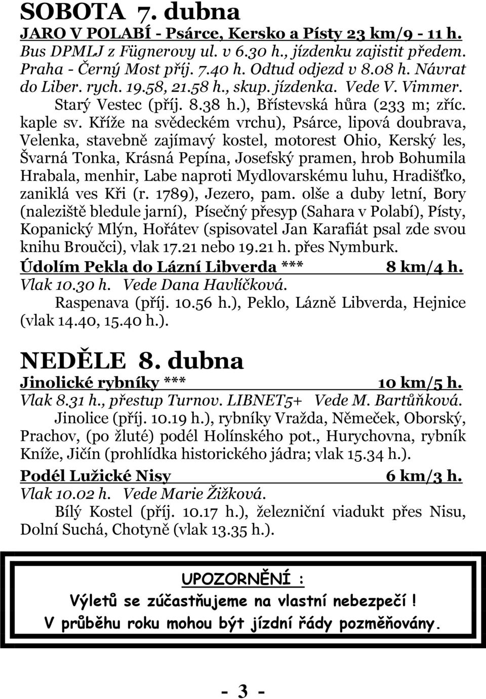 Kříže na svědeckém vrchu), Psárce, lipová doubrava, Velenka, stavebně zajímavý kostel, motorest Ohio, Kerský les, Švarná Tonka, Krásná Pepína, Josefský pramen, hrob Bohumila Hrabala, menhir, Labe