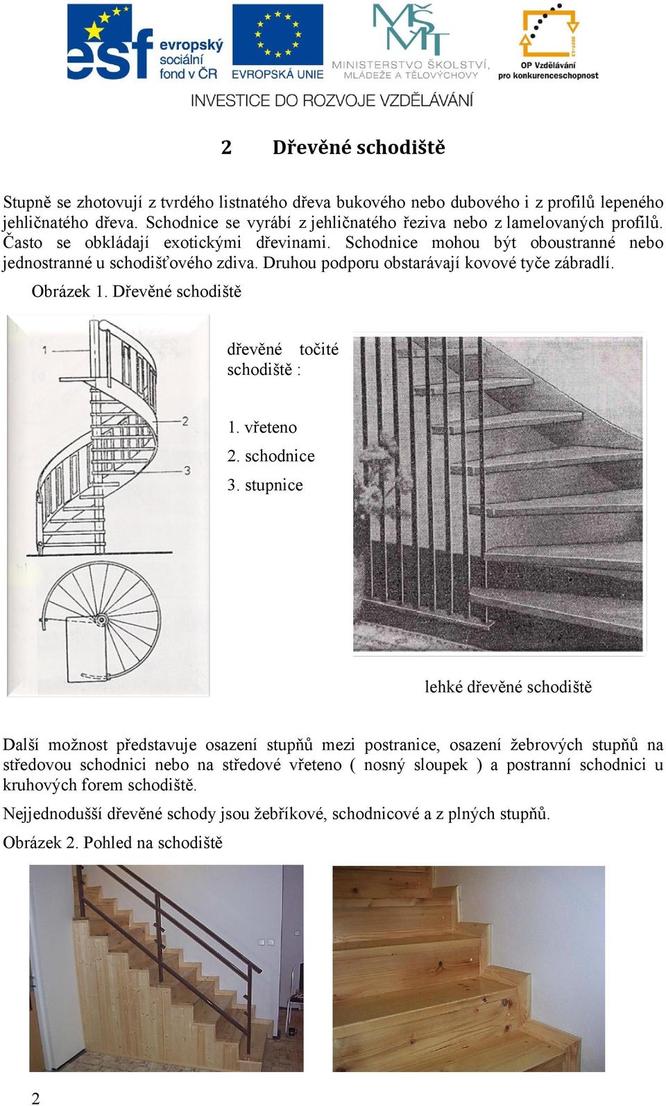 Druhou podporu obstarávají kovové tyče zábradlí. Obrázek 1. Dřevěné schodiště dřevěné točité schodiště : 1. vřeteno 2. schodnice 3.