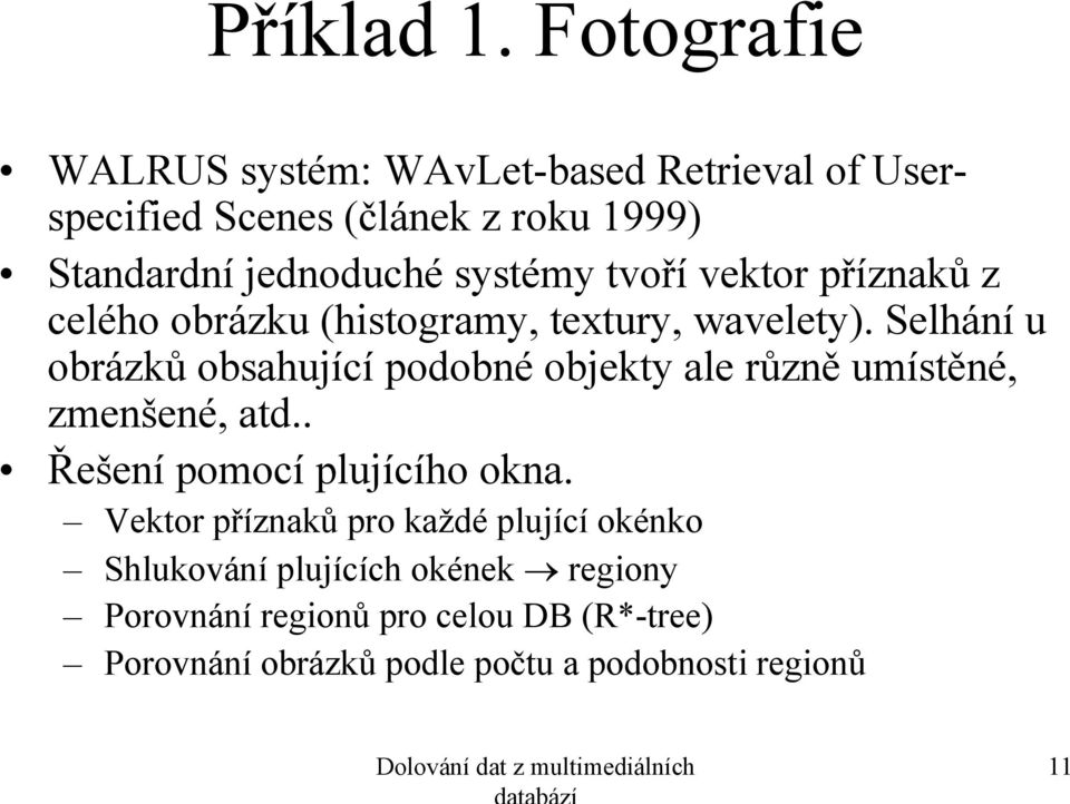 vektor příznaků z celého obrázku (histogramy, textury, wavelety).