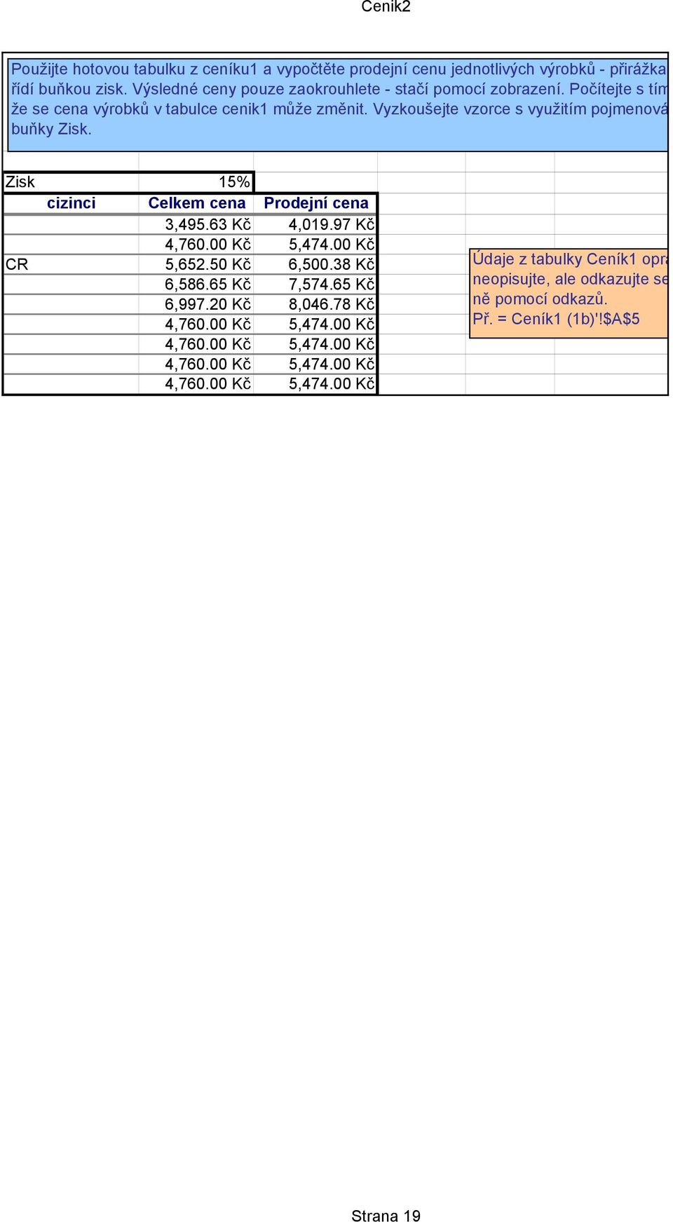 Vyzkoušejte vzorce s využitím pojmenování buňky Zisk. Zisk 15% cizinci Celkem cena Prodejní cena 3,495.63 Kč 4,019.97 Kč 4,760.00 Kč 5,474.00 Kč CR 5,652.50 Kč 6,500.