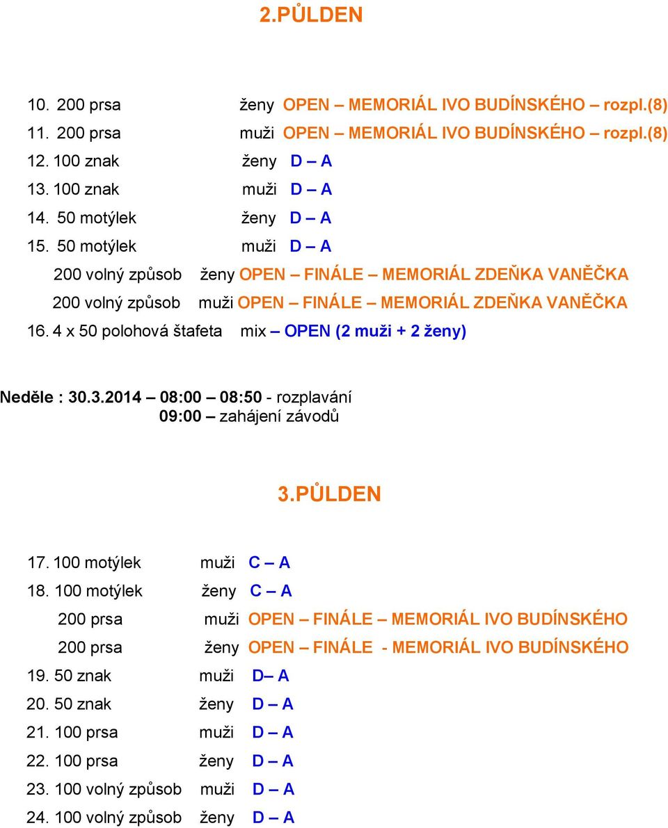 4 x 50 polohová štafeta mix OPEN (2 muži + 2 ženy) Neděle : 30.3.2014 08:00 08:50 - rozplavání 09:00 zahájení závodů 3.PŮLDEN 17. 100 motýlek muži C A 18.