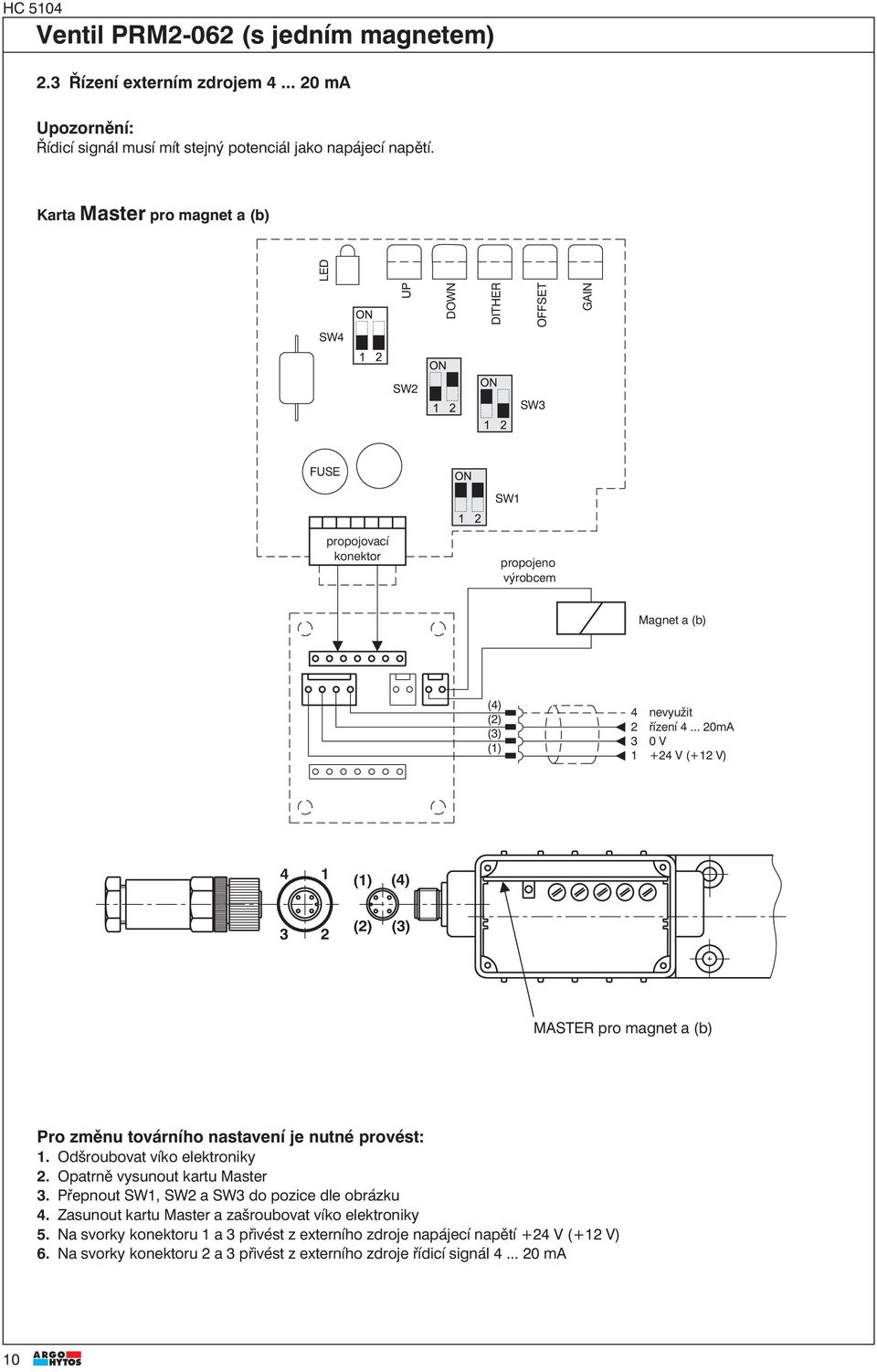 .. 0mA 0 V 1 +4 V (+1 V) 4 1 (1) (4) () () MASTER pro magnet a (b) Pro změnu továrního nastavení je nutné provést: 1. Odšroubovat víko elektroniky. Opatrně vysunout kartu Master.