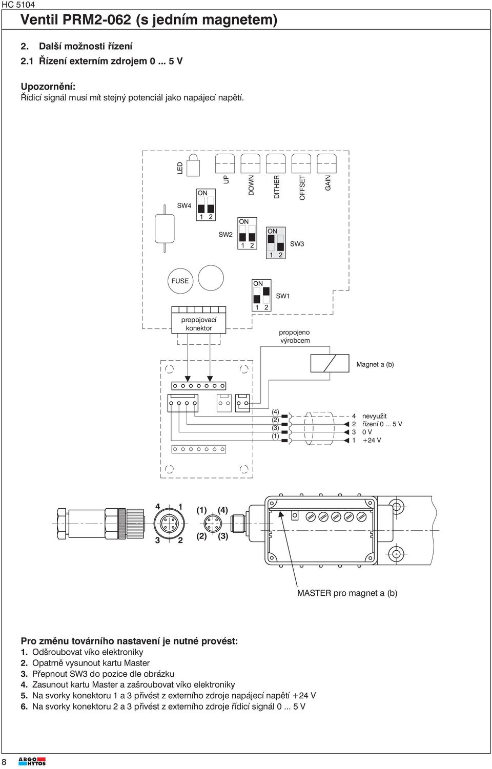 .. 5 V 0 V 1 +4 V 4 1 (1) (4) () () MASTER pro magnet a (b) Pro změnu továrního nastavení je nutné provést: 1. Odšroubovat víko elektroniky. Opatrně vysunout kartu Master.