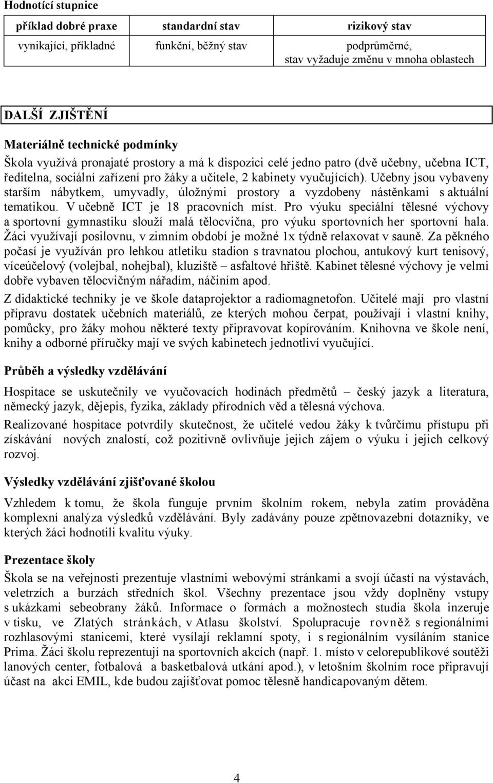 Učebny jsou vybaveny starším nábytkem, umyvadly, úložnými prostory a vyzdobeny nástěnkami s aktuální tematikou. V učebně ICT je 18 pracovních míst.