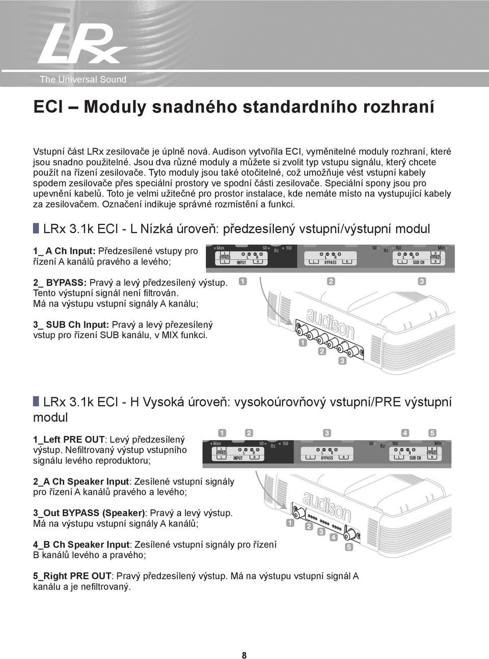 Tyto moduly jsou také otočitelné, což umožňuje vést vstupní kabely spodem zesilovače přes speciální prostory ve spodní části zesilovače. Speciální spony jsou pro upevnění kabelů.
