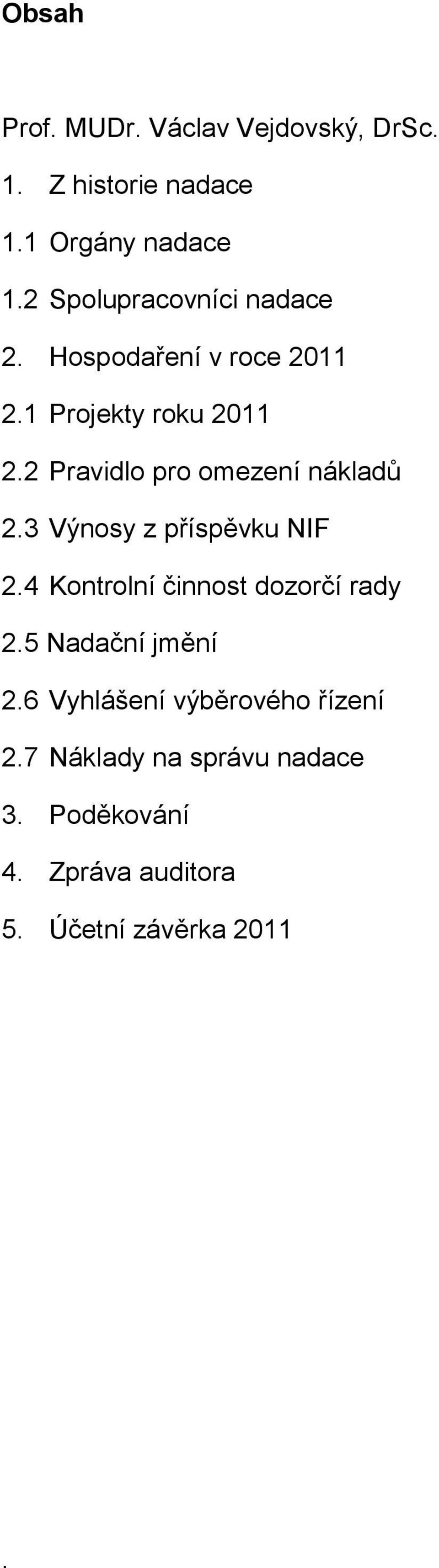 2 Pravidlo pro omezení nákladů 2.3 Výnosy z příspěvku NIF 2.4 Kontrolní činnost dozorčí rady 2.