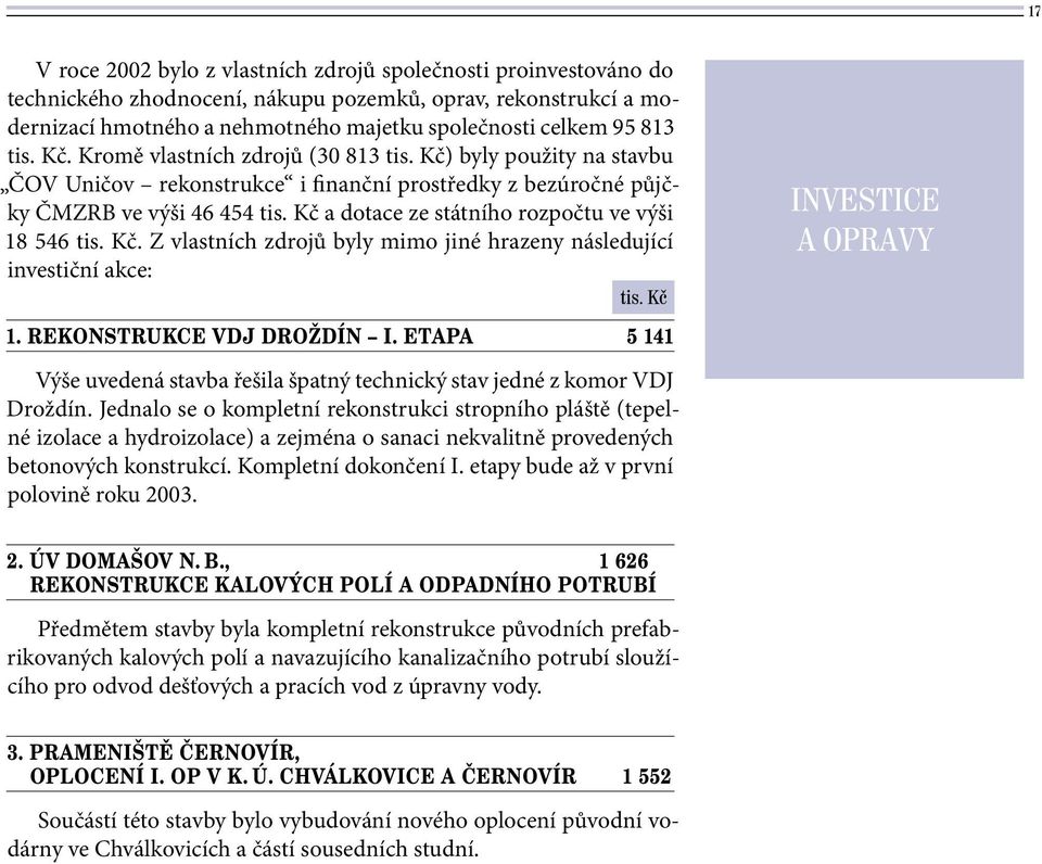 Kč a dotace ze státního rozpočtu ve výši 18 546 tis. Kč. Z vlastních zdrojů byly mimo jiné hrazeny následující investiční akce: 1. REKONSTRUKCE VDJ DROŽDÍN I.