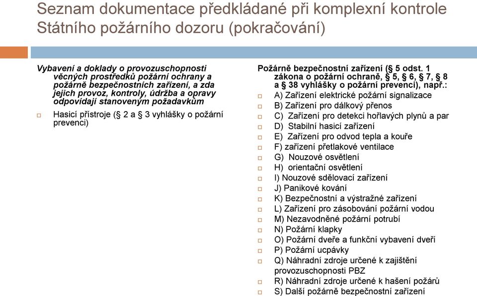 1 zákona o požární ochraně, 5, 6, 7, 8 a 38 vyhlášky o požární prevenci), např.