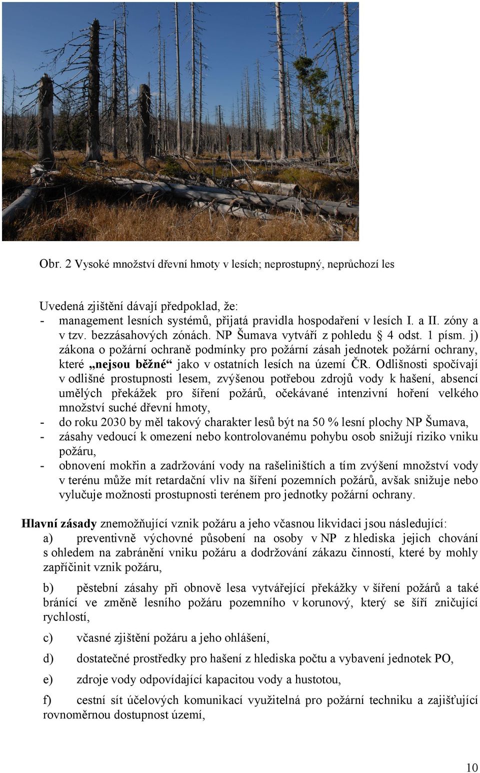 Odlišnosti spočívají v odlišné prostupnosti lesem, zvýšenou potřebou zdrojů vody k hašení, absencí umělých překážek pro šíření požárů, očekávané intenzivní hoření velkého množství suché dřevní hmoty,