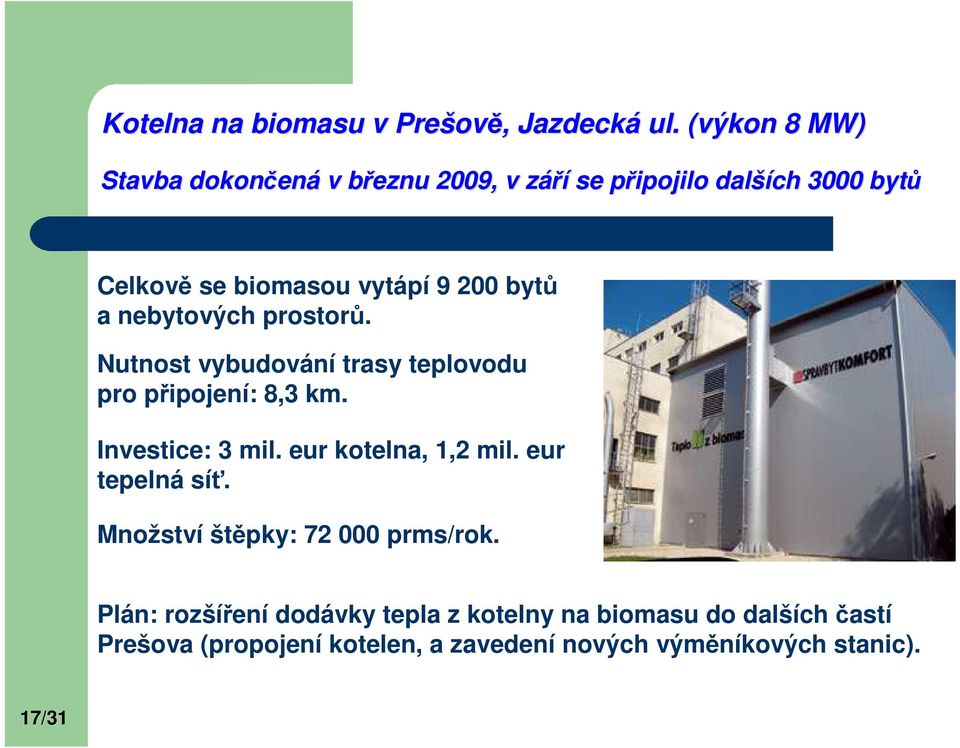 bytů a nebytových prostorů. Nutnost vybudování trasy teplovodu pro připojení: 8,3 km. Investice: 3 mil.