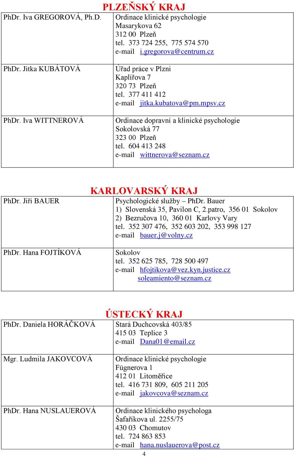 604 413 248 e-mail wittnerova@seznam.cz PhDr. Jiří BAUER PhDr. Hana FOJTÍKOVÁ KARLOVARSKÝ KRAJ Psychologické sluţby PhDr. Bauer 1) Slovenská 35, Pavilon C, 2.