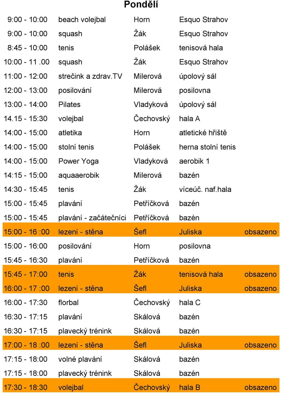 15-15:30 volejbal Čechovský hala A 14:00-15:00 atletika Horn atletické hřiště 14:00-15:00 stolní tenis Polášek herna stolní tenis 14:00-15:00 Power Yoga Vladyková aerobik 1 14:15-15:00 aquaaerobik