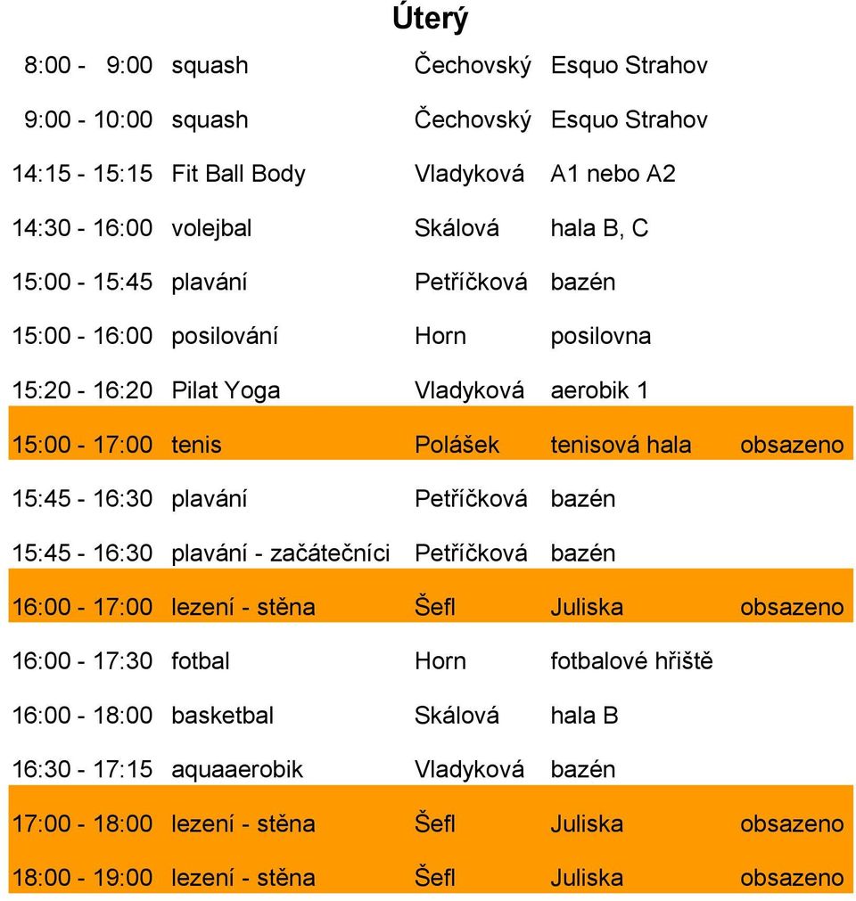 Petříčková bazén 15:45-16:30 plavání - začátečníci Petříčková bazén 16:00-17:00 lezení - stěna Šefl Juliska obsazeno 16:00-17:30 fotbal Horn fotbalové hřiště