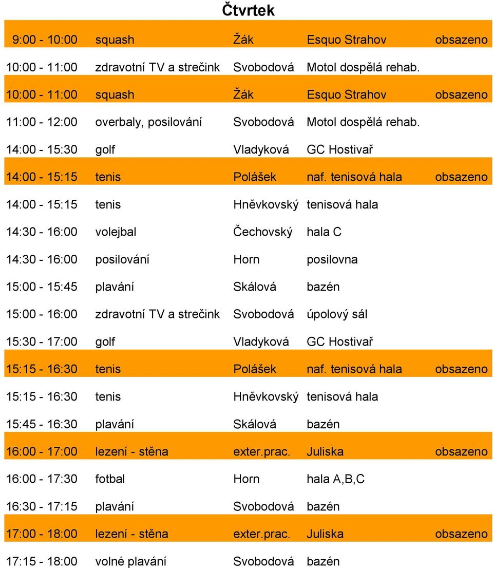 tenisová hala obsazeno 14:00-15:15 tenis Hněvkovský tenisová hala 14:30-16:00 volejbal Čechovský hala C 14:30-16:00 posilování Horn posilovna 15:00-15:45 plavání Skálová bazén 15:00-16:00 zdravotní