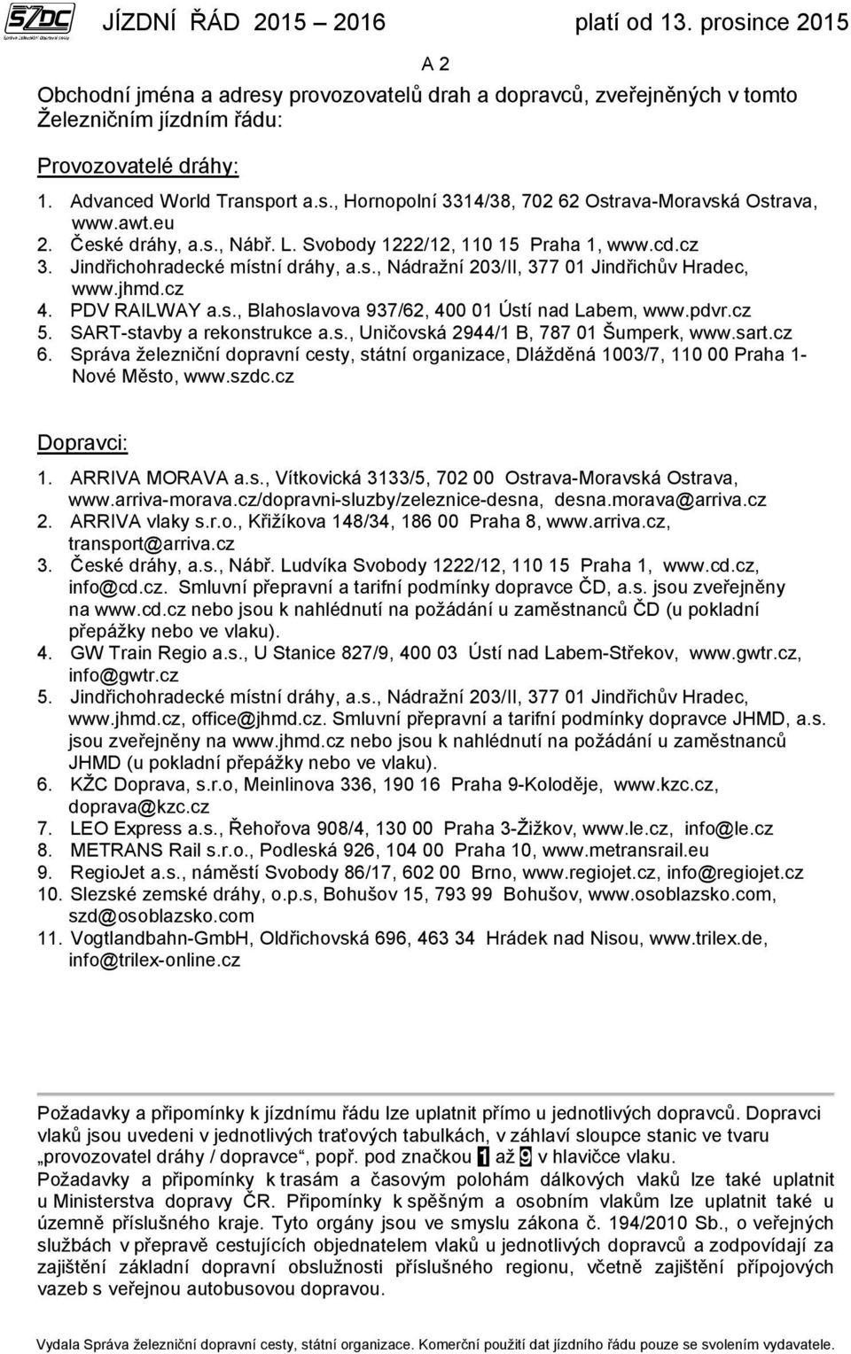 pdvr.cz 5. SART-stavby a rekonstrukce a.s., Uničovská 2944/1 B, 787 01 Šumperk, www.sart.cz 6. Správa železniční dopravní cesty, státní organizace, Dlážděná 1003/7, 110 00 Praha 1- Nové Město, www.